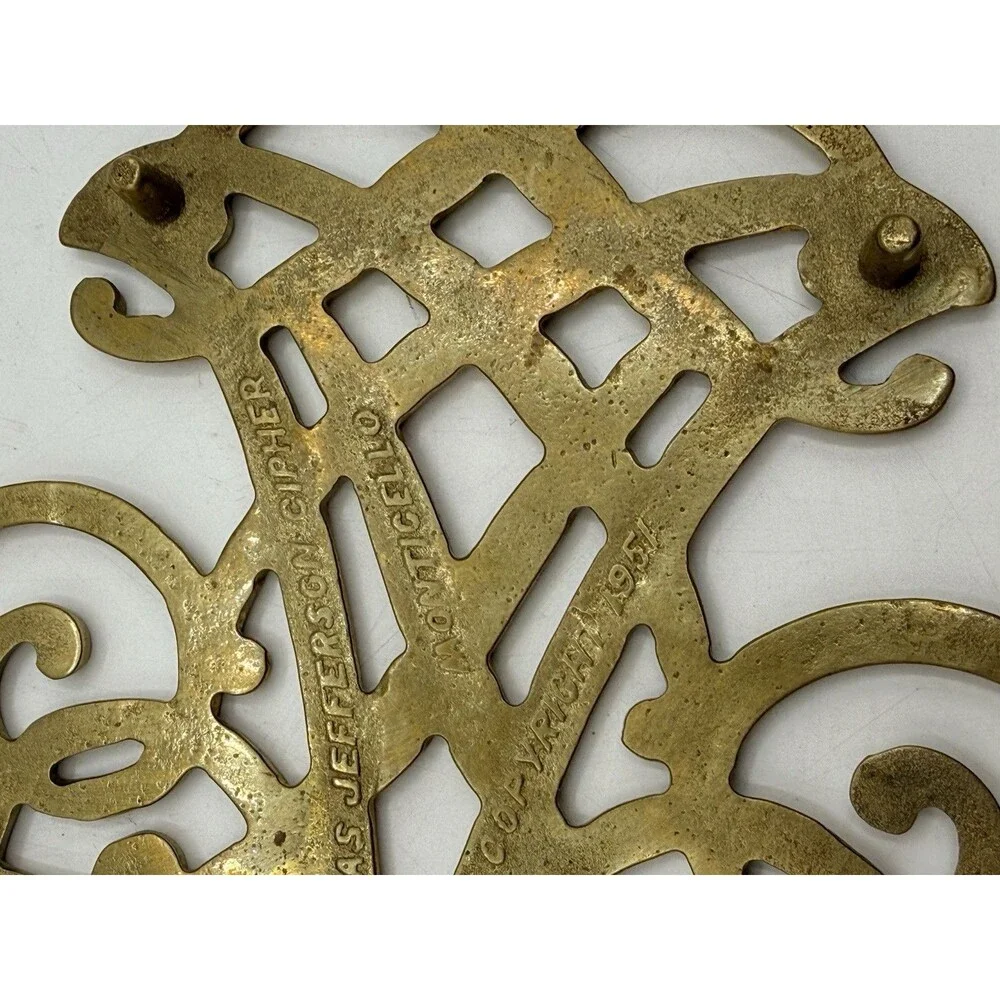 Virginia Metalcrafters Brass Thomas Jefferson Cipher Monticello Trivet CW 10-15